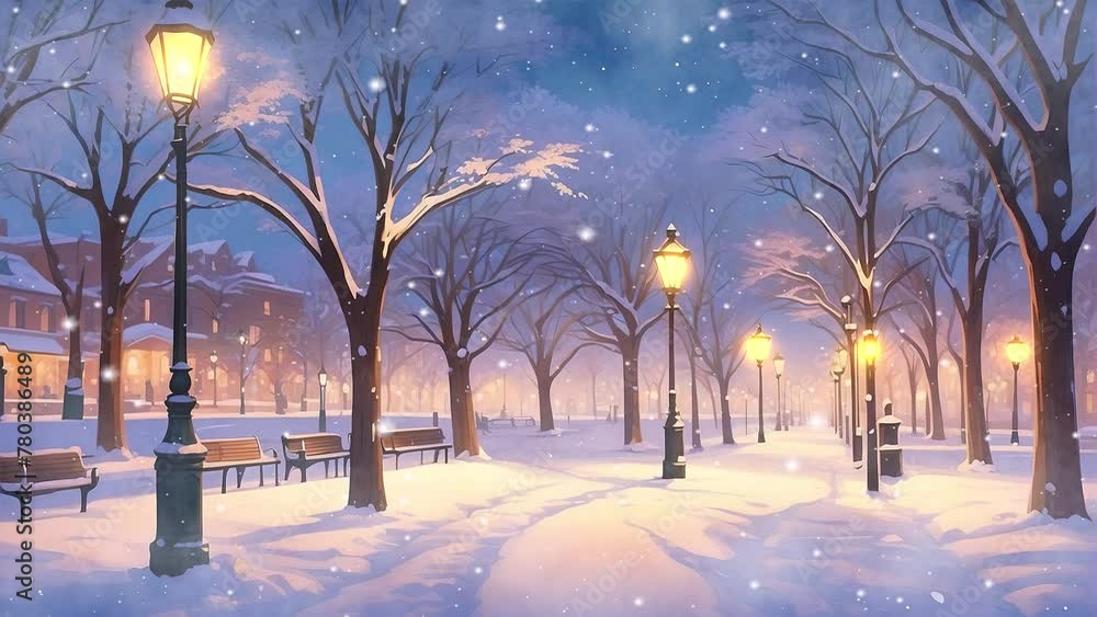 Snowy Park Night: Experience the tranquil charm of the park in the snowy night with this captivating 4K looping video. Snowy Park Night: Experience the tranquil charm of the park in the snowy night with this captivating 4K looping video.
