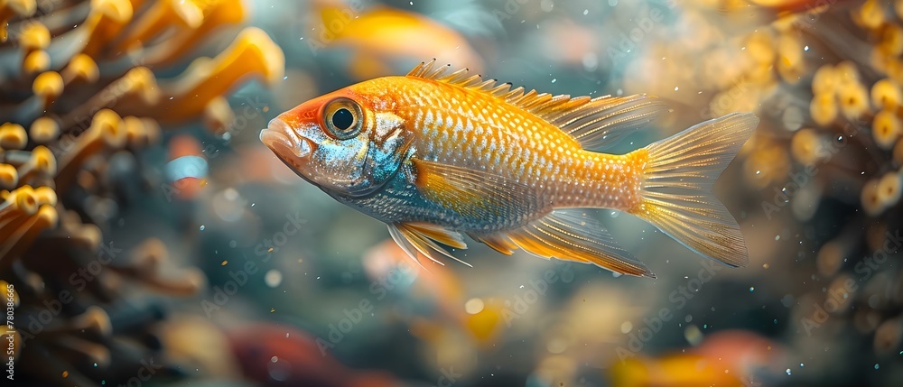 Fototapeta premium Closeup of fish in aquarium with many fish in background. Concept Underwater Photography, Fish Close-up, Aquarium Scenes, Marine Life Portraits, Colorful Aquatic Creatures