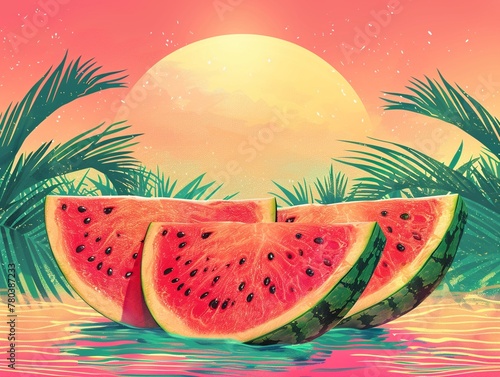Pop art watermelon slices, set against a sepiatoned tropical sunset gradient, creating a whimsical, nostalgic atmosphere