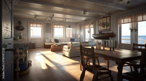 Design of a cozy living room interior in a modern marine style. AI generated. © Serhii