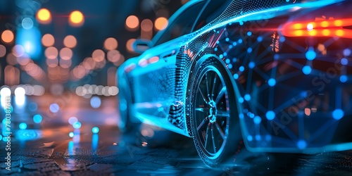 blue car made of an abstract polygon network - blue blurred glowing network in the background - connectivitiy of cars - data management - autonomous cars，Technology Shining Colorful Car