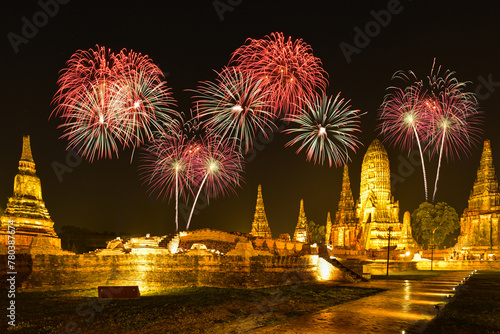 Fireworks with lighting-up of Wat Chaiwatthanaram, the ancient royal temple in Ayuthaya Historical Park, a UNESCO world heritage site in Thailand.