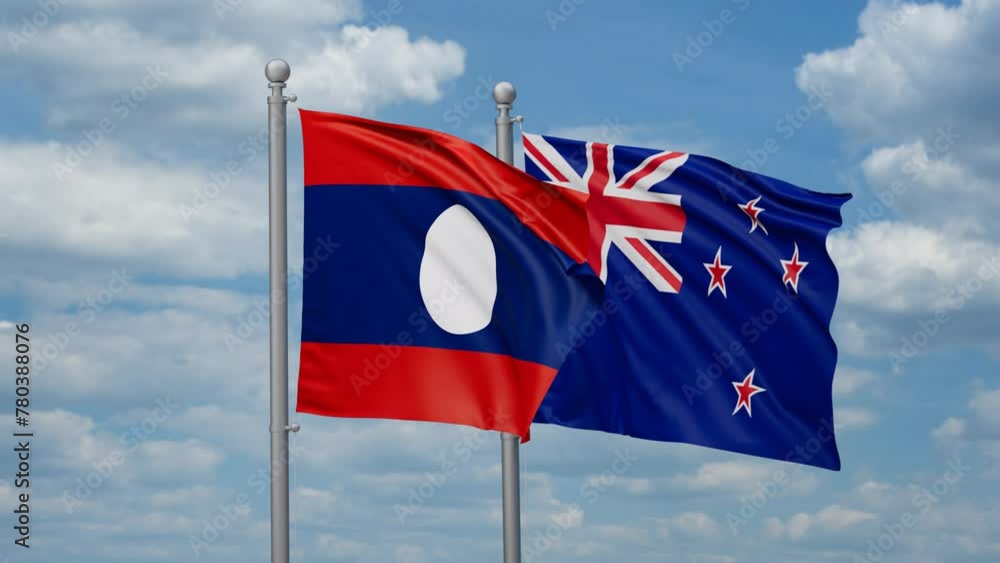 New Zealand and Laos two flags waving together, looped video, two country cooperation concept New Zealand and Laos two flags waving together, looped video, two country cooperation concept