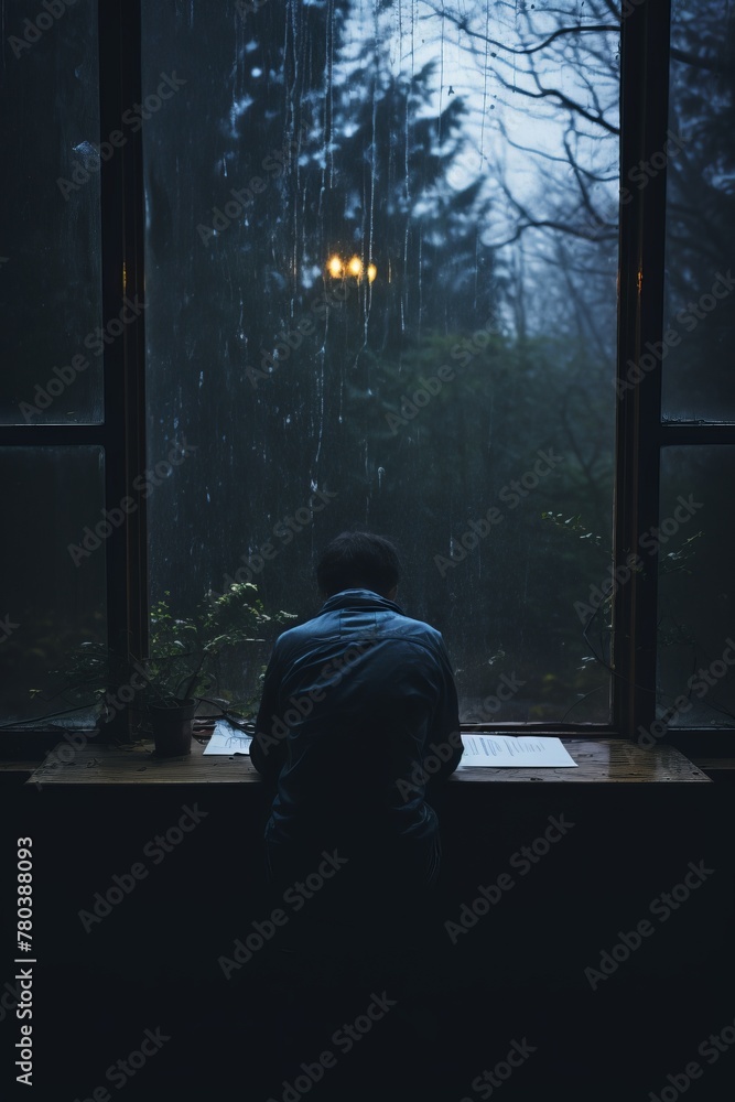 A person is sitting alone on a window sill in a dark room, bathed in shadows with minimal light coming in. The individual appears contemplative or lost in thought as they gaze outside