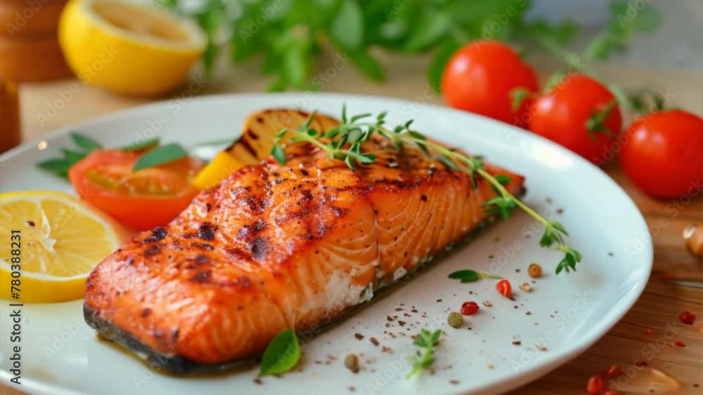 Grilled salmon dish, lemon, fried tomatoes on a wooden table Grilled salmon dish, lemon, fried tomatoes on a wooden table