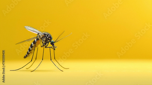 a Mosquito Buzzing, studio shot, against solid color background, hyperrealistic photography, blank space for writing