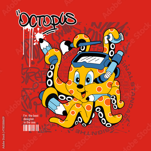 cartoon octopus art writing, vector illustration