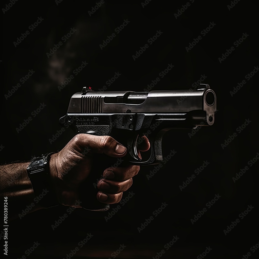 close up cinematic photography of a hand gun Isolated on a dark background close up cinematic photography of a hand gun Isolated on a dark background