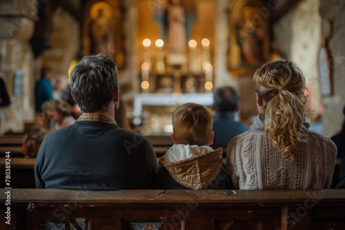 A family of three sits in a church pew © itchaznong