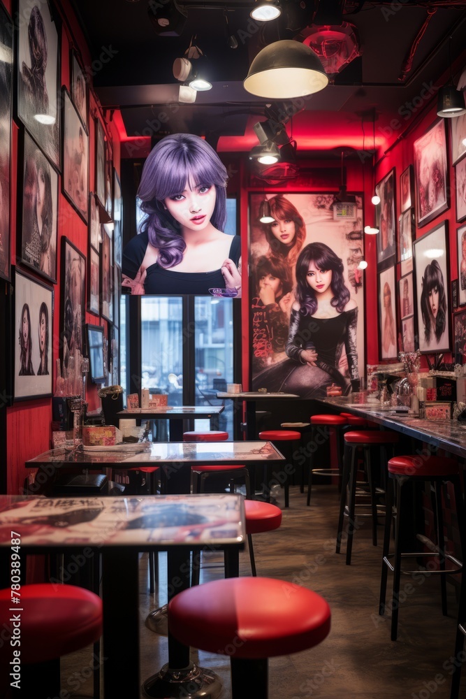 A restaurant filled with red chairs and a variety of pictures adorning the walls. The decor includes posters and memorabilia, creating a unique and lively atmosphere