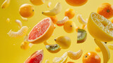 Falling tropical fruits on a plain yellow background