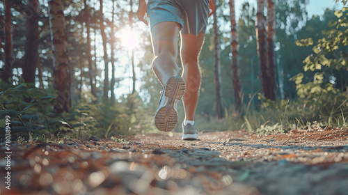 Rear view of the legs of an athlete jogging in the forest