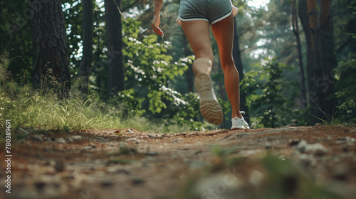 Rear view of the legs of an athlete jogging in the forest