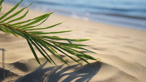 Summer holiday background with coconut leaf shadow on a pristine sandy beach for vacation concept