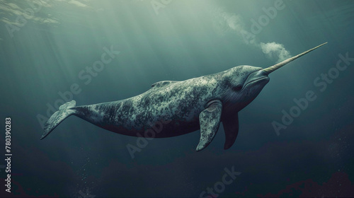 a Narwhal Whistling, studio shot, against solid color background, hyperrealistic photography, blank space for writing © animalground