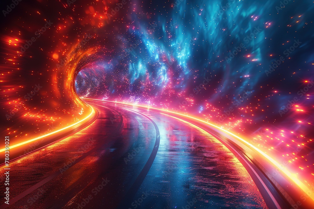 Fototapeta premium Panoramic high speed technology concept, light abstract background. Image of speed motion on the road.fast light technology concept, light abstract background.