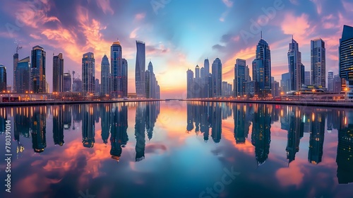 Sunset Mirage: Cityscape Reflected in Water./n