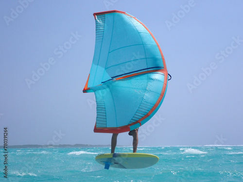 Close-up view  from water on surfer with wing foil, Lac Bay, Bonaire, Caribbean Netherlands photo