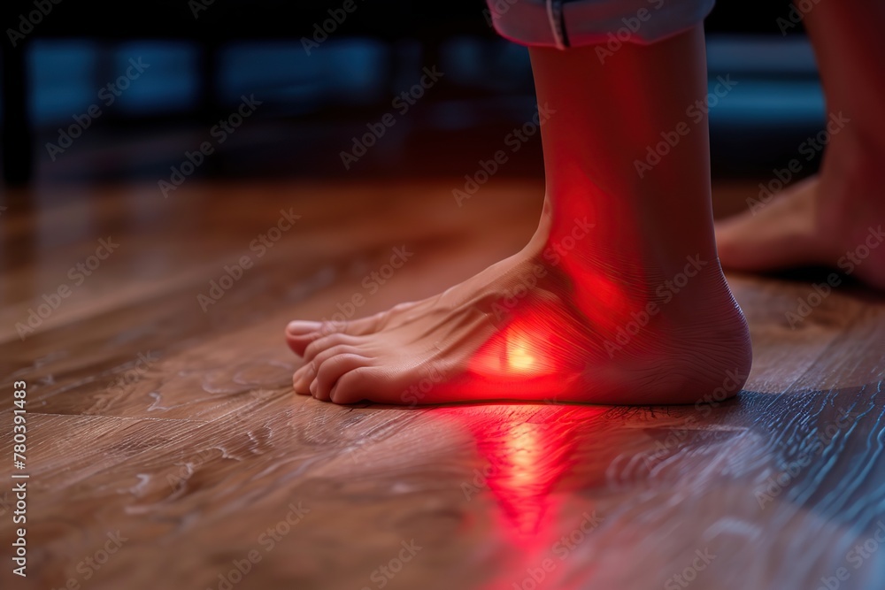 Barefoot walking on dark wooden floor. Bare foots with red effect of pain. Painful gout