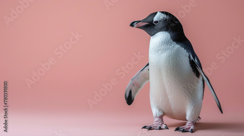 a Penguin Waddling, studio shot, against solid color background, hyperrealistic photography, blank space for writing