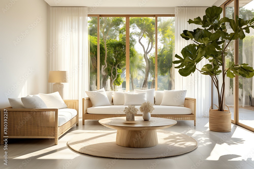 Fototapeta premium Bright and Airy Living Room: White Couch, Coffee Table, and Fresh Potted Plant