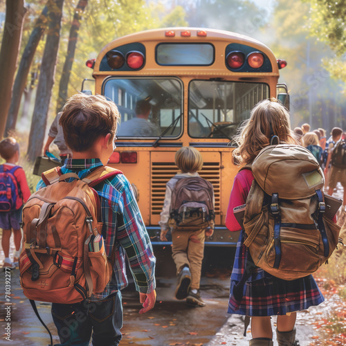 A group of children are walking out of a school bus. The children are wearing backpacks and some of them are carrying books. Scene is cheerful and lively