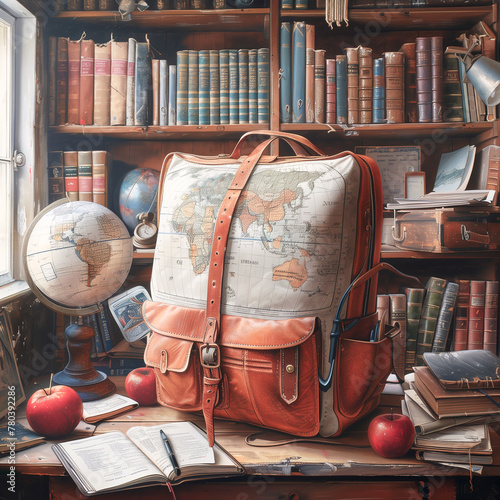 A backpack is on a desk with a globe and a book. The backpack is brown and has a map on it. The desk is cluttered with books and a clock. Scene is that of a student's study area