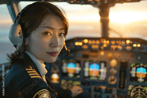 Portrait of confident Japanese female pilot in the cockpit of a commercial airplane