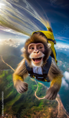 A monkey wearing skydiving pack is falling from high altitude; hair blowing upward;