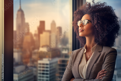 A woman in a business suit is looking out the window of a high rise building