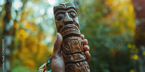 Ancient culture, tradition cult, magic spell purpose concept. Colorful tall wooden man face totem pole with in hand of person. Spirit object ceremony of sacramental beliefs photo
