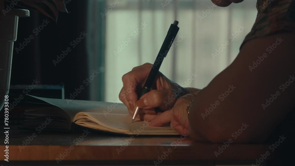 woman lady sitting alone in house room writing with ink pen on book notebook journal inspirational creative idea , close up