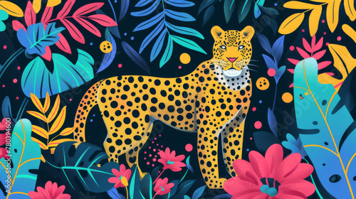 Flat illustration of a leopard in the jungle, surrounded by tropical foliage and flowers