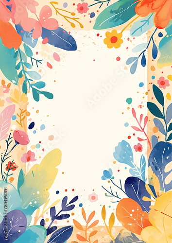 A colorful painting of a flowery frame border with a white background. The painting is full of bright colors and has a lively  cheerful mood