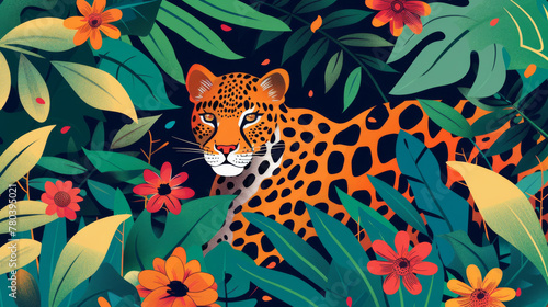 Flat illustration of a leopard in the jungle  surrounded by tropical foliage and flowers