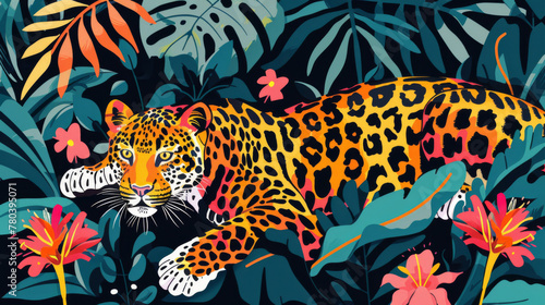 Flat illustration of a leopard in the jungle  surrounded by tropical foliage and flowers