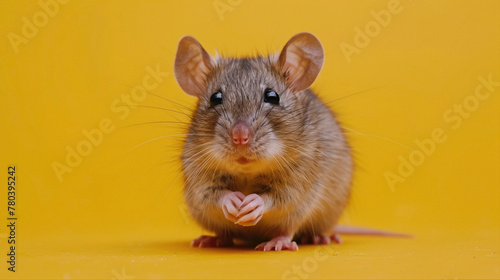 a Rat Gnawing, studio shot, against solid color background, hyperrealistic photography, blank space for writing