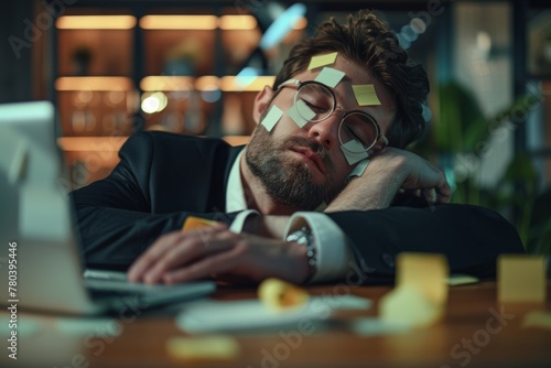 Overworked businessman sleeping at desk surrounded by sticky notes at night