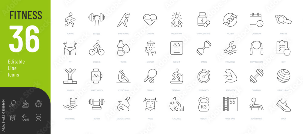 Fitness Line Editable Icons set. Vector illustration in modern thin line style of sport related icons: types of physical activity, proper nutrition, and sports equipment. Isolated on white. - obrazy, fototapety, plakaty 