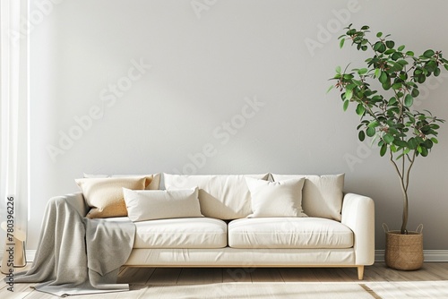 Modern Minimal clean clear contemporary living room home interior design daylight background,beige white sofa couch in living room daylight from window freshness moment mock up interior,generative ai photo