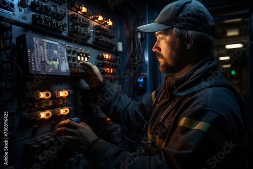 A technician is diligently working on a control panel in a dimly lit room. The man appears focused as he inspects and adjusts the various components of the panel for optimal functionality
