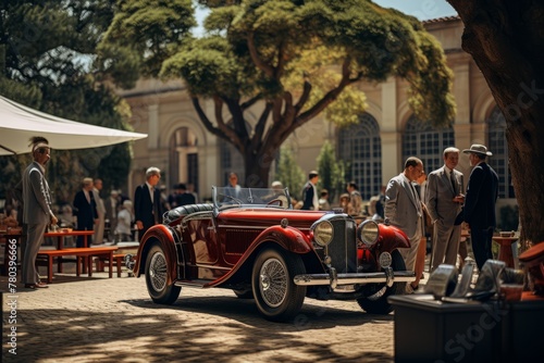 A group of men are gathered around a classic red car, possibly discussing or admiring the vehicle. The men seem focused on the car, with one pointing to a specific feature © Vit