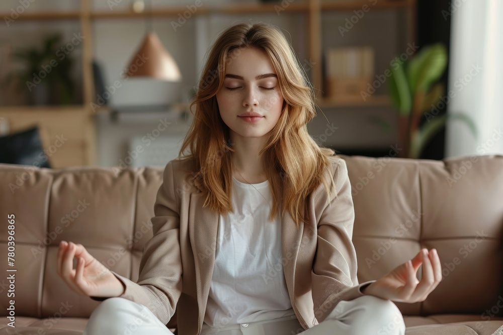 Young businesswoman practicing meditation on the couch for mindfulness Young businesswoman practicing meditation on the couch for mindfulness