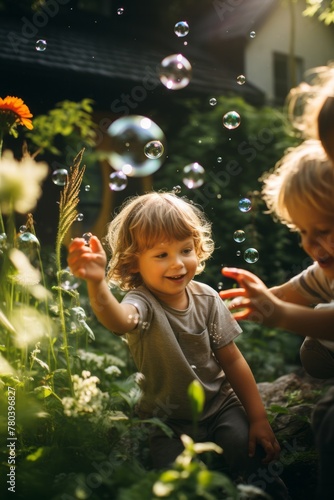 Two children, a boy and a girl, are joyfully playing with bubbles in a lush green garden. The children are smiling and reaching out to pop the floating bubbles