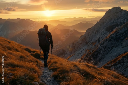 Mountain Man with backpack hiking in the mountains at sunset © Sardar