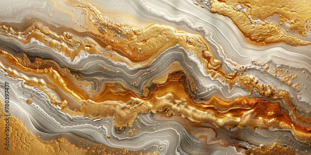 Obraz premium Gold and silver metallic abstract with a liquid-like appearance, set on a white background.