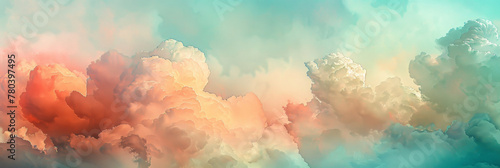 A peach and teal sky with clouds , colorful clouds background, cloudy sunset , banner 