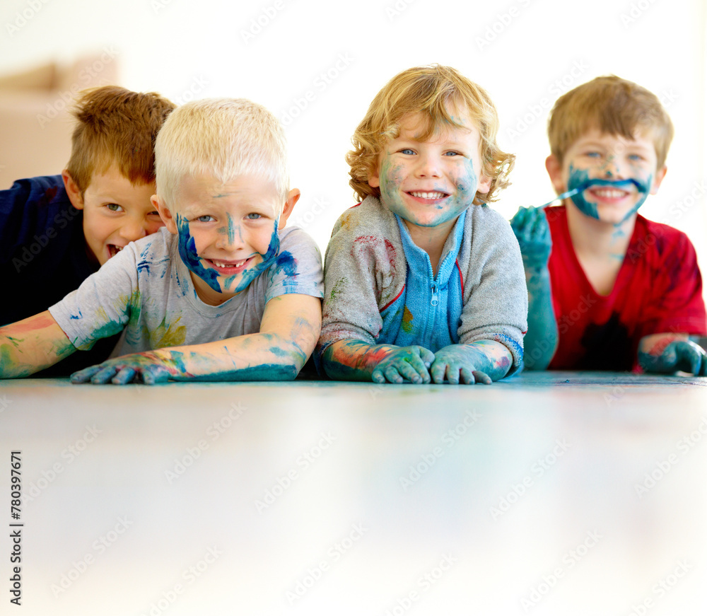 Children, paint and mess or playing portrait, happy boys in preschool or childhood fun. Educational development, smile and finger or face painting for art, recreation activity for growth together Children, paint and mess or playing portrait, happy boys in preschool or childhood fun. Educational development, smile and finger or face painting for art, recreation activity for growth together