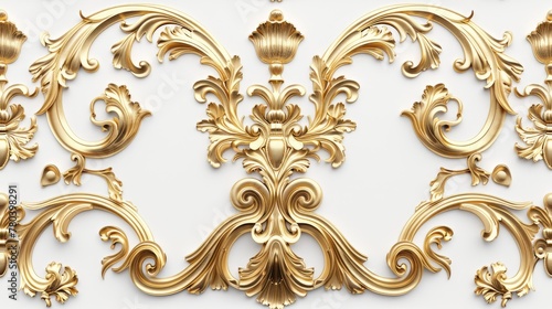 a rich golden baroque ornament delicately engraved on a pristine white background. The intricate details and lavish curves of the design exude opulence and sophistication SEAMLESS PATTERN