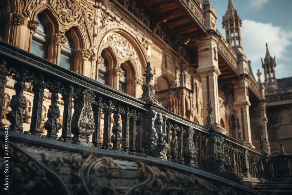 An ornate building featuring a balcony and multiple balconies, showcasing intricate architectural details. The balconies overlook the surroundings and add to the grandeur of the structure An ornate building featuring a balcony and multiple balconies, showcasing intricate architectural details. The balconies overlook the surroundings and add to the grandeur of the structure